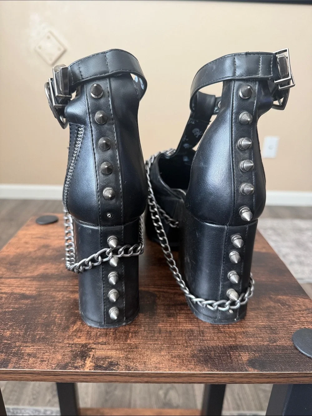 LAMODA Black Platform Mary Janes with Chain & Spike Accents